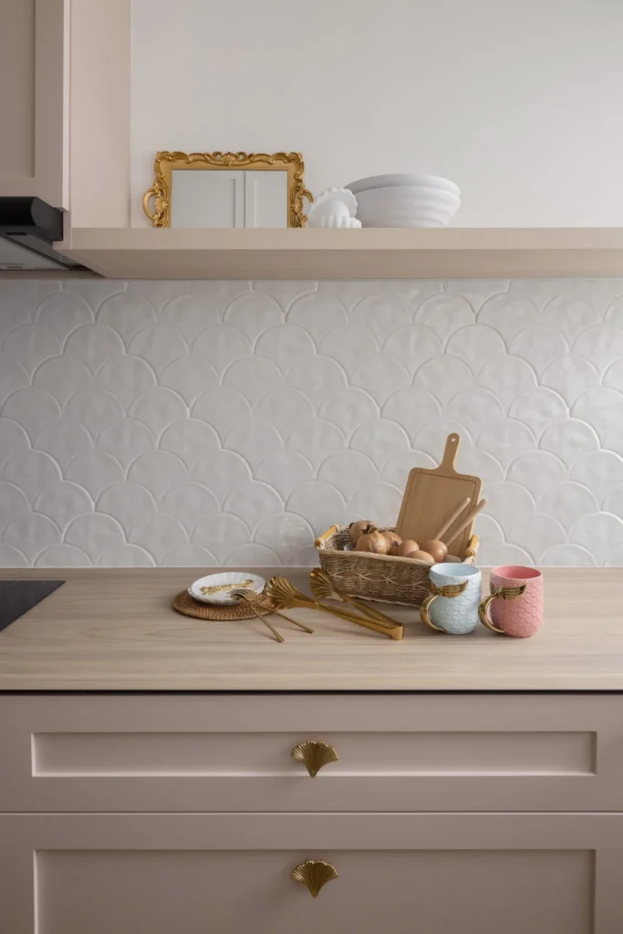 Kitchen backsplash with soft patterns, warm timber, and home decor ideas styling