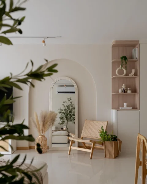 Living room open layout concept for a 3 room hdb with warm wood accents