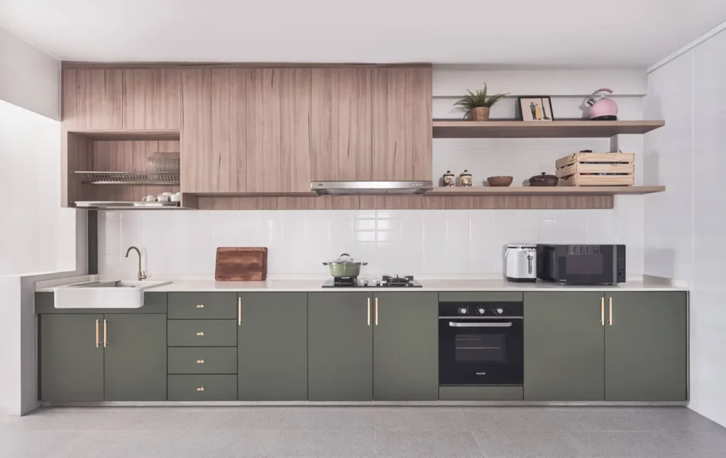 Contemporary Singapore kitchen with subway tile backsplash and green base cabinets