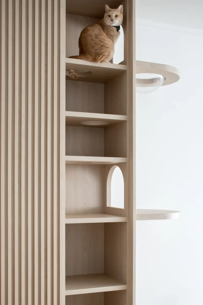 Cat-friendly Scandinavian shelving in natural wood tones