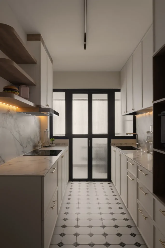Galley kitchen with dimmable under-cabinet LED task lighting and ribbed-glass doors, showing layered zones for cooking
