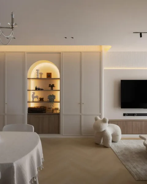 Living–dining with cove ambient light, backlit arched display niche and task-ready dining area, showing layered smart lighting for daily scenes.
