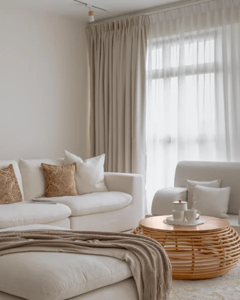 Neutral living room with a light sofa set, rattan coffee table, and sheer curtains filtering daylight.