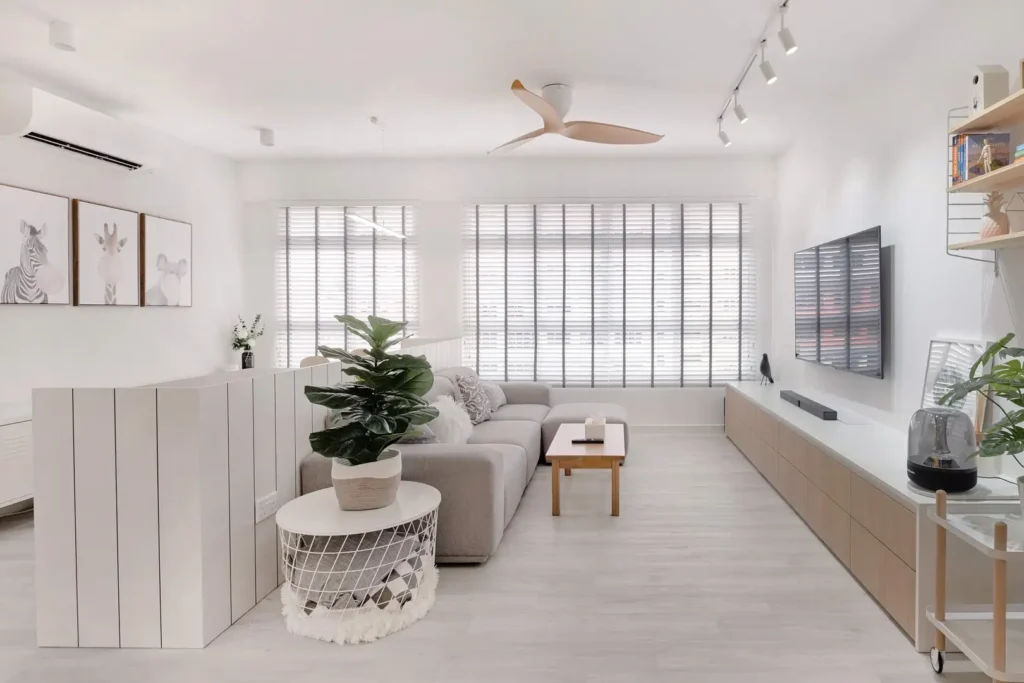 Modern semi-detached kitchen with waterfall island, matte sage cabinetry and white marble backsplash