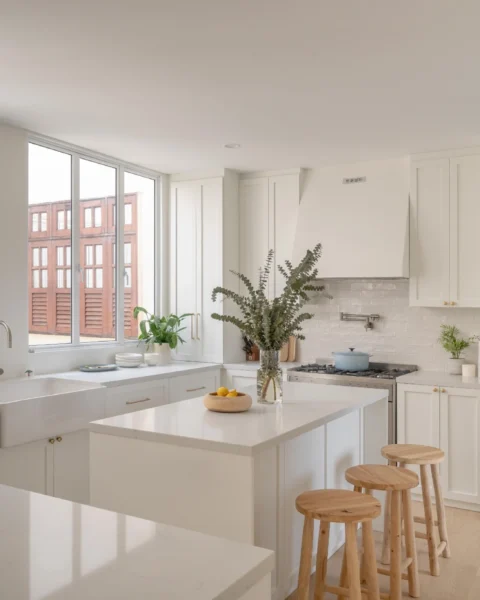 Bright white kitchen with a central island, wooden breakfast stools, large windows, and greenery for a fresh feel.