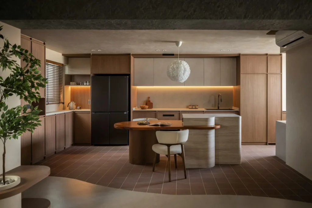 Living area with a feature wall and layered lighting over a seating zone.