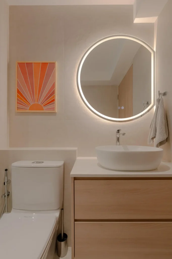 Modern toilet design with LED backlit mirror and vessel basin in Singapore HDB home by Lemonfridge Studio